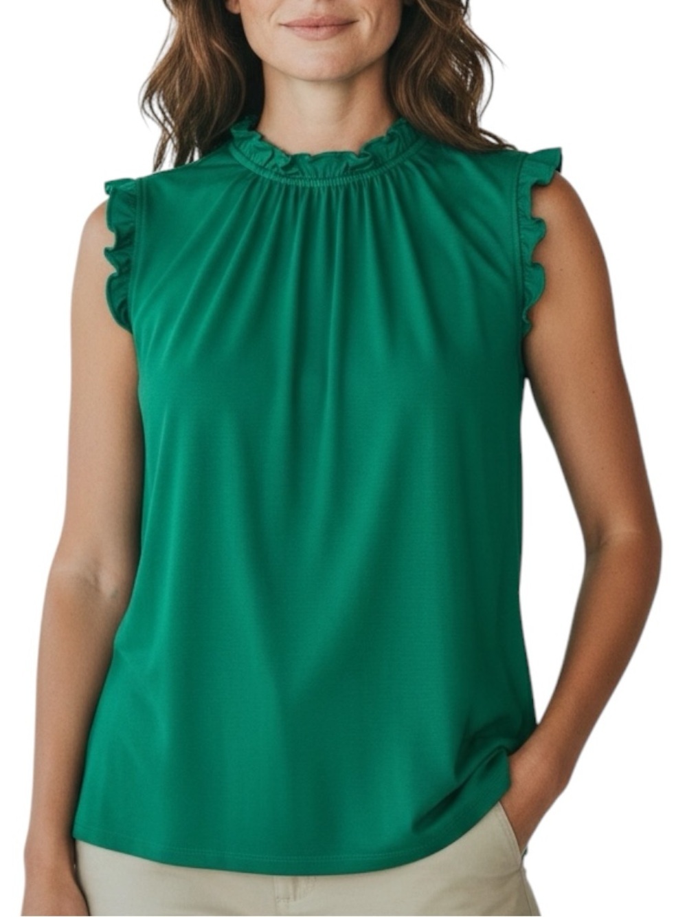 NWT WHITE HOUSE BLACK MARKET Green Ruffle Detail Sleeveless Blouse Size Medium